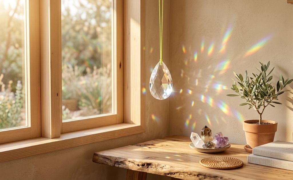 Atrapasol energ&eacute;tico de cristal captando la luz solar y proyectando reflejos de colores en el hogar. 
