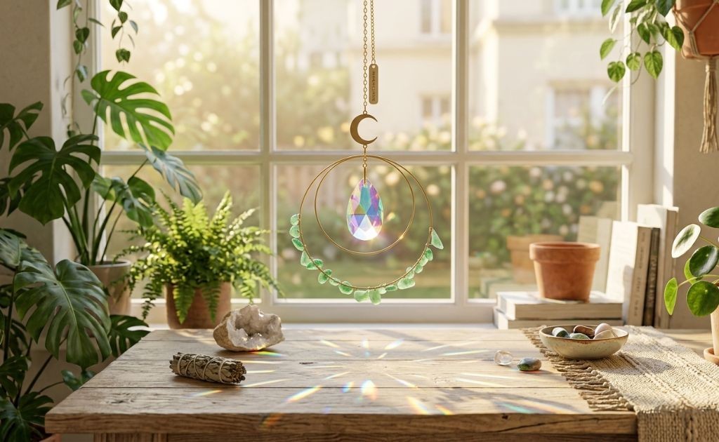 Atrapasol con cuarzo verde asociado a la prosperidad, el equilibrio y la energ&iacute;a del coraz&oacute;n. 