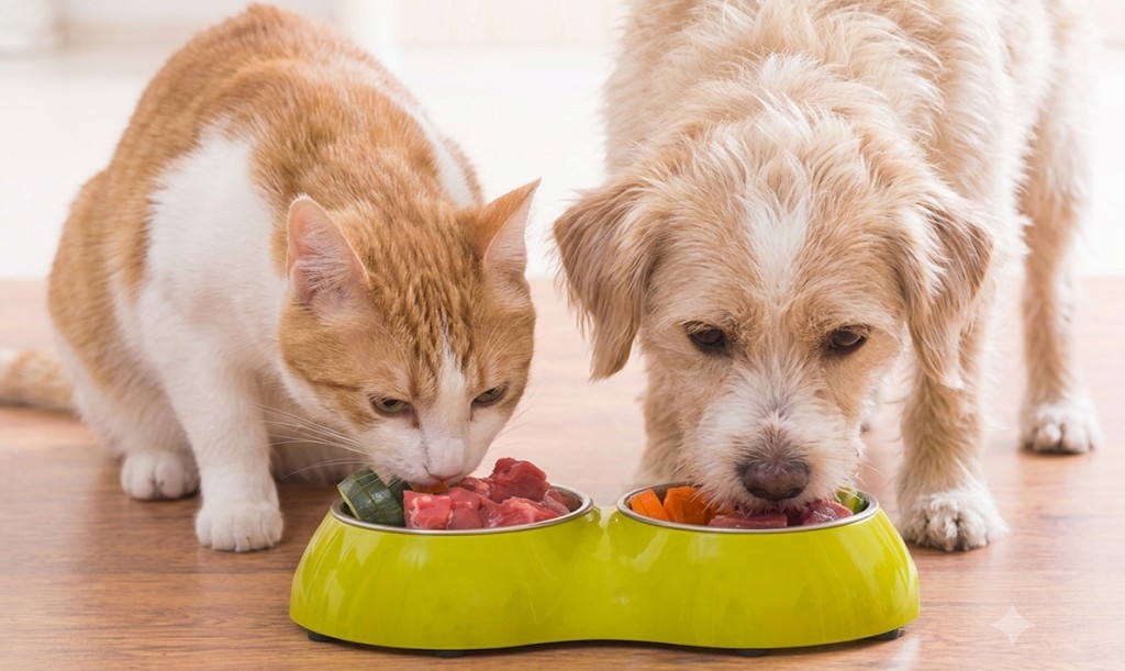 Perro y gato comiendo juntos