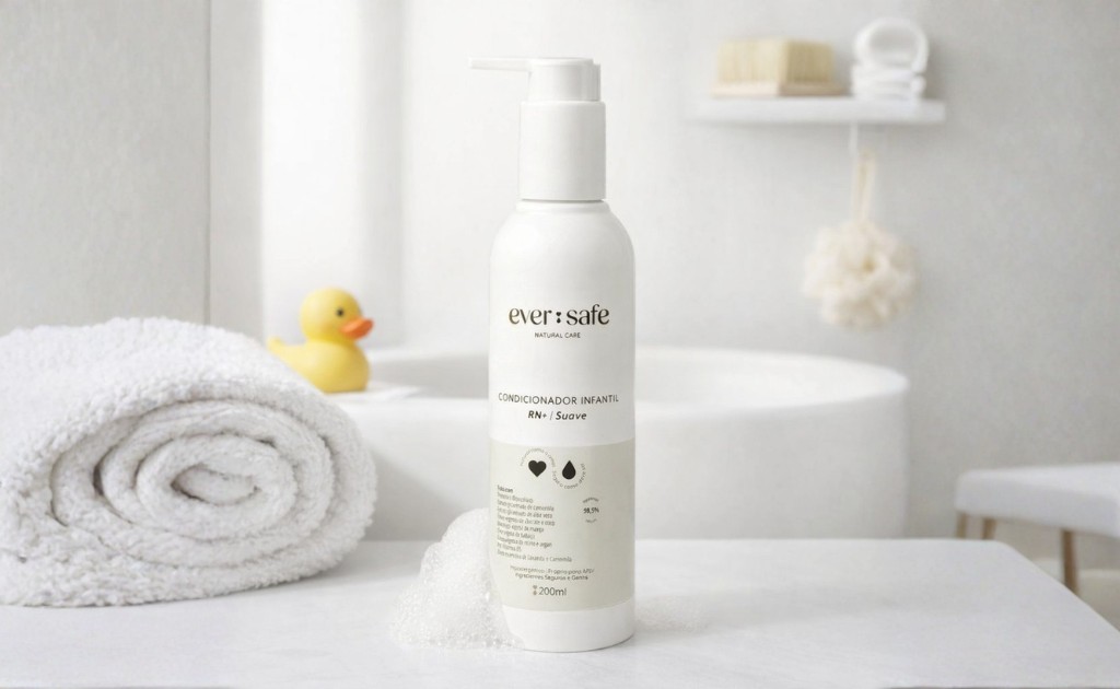 Condicionador infantil Ever Safe em banheiro minimalista com toalha branca