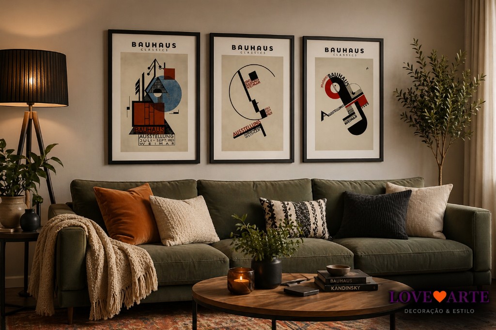 Sala decorada com composi&ccedil;&atilde;o de p&ocirc;steres Bauhaus acima do sof&aacute;