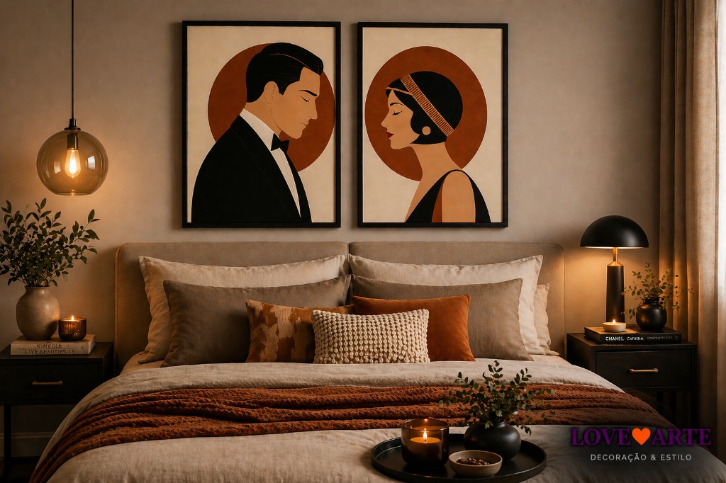 Quarto decorado com p&ocirc;steres de casal em estilo Art D&eacute;co