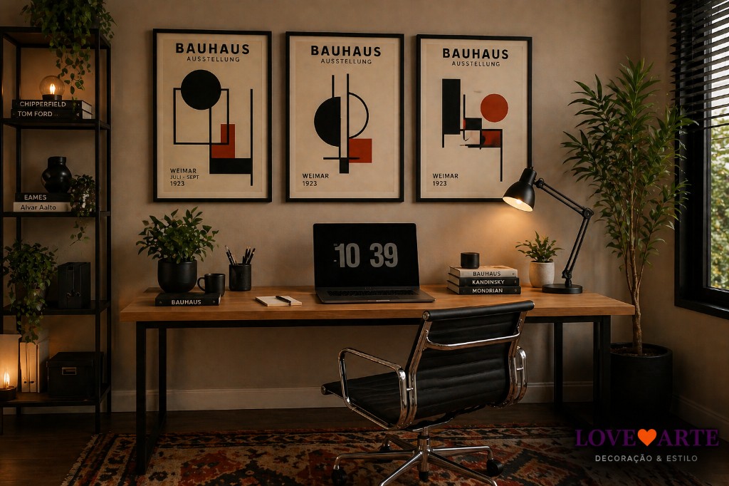 Home office decorado com p&ocirc;steres geom&eacute;tricos Bauhaus