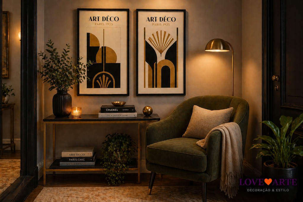Cantinho decorado com p&ocirc;steres Art D&eacute;co e poltrona
