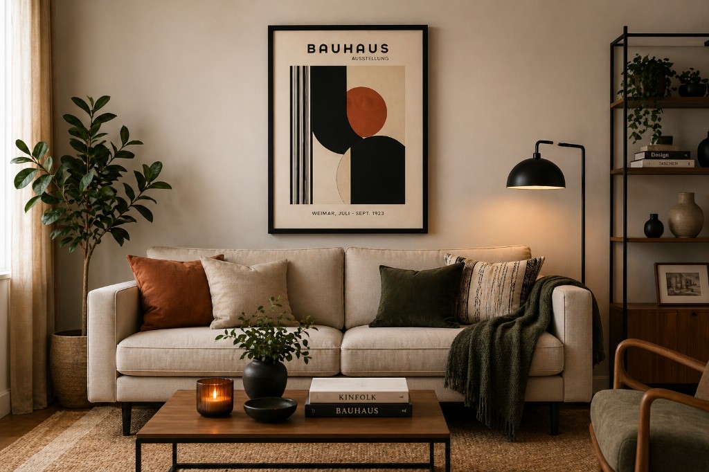 Sala decorada com p&ocirc;ster grande estilo Bauhaus em moldura preta acima do sof&aacute;