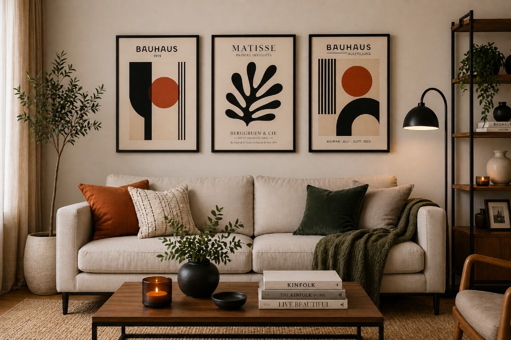 Sala decorada com composi&ccedil;&atilde;o de tr&ecirc;s quadros alinhados acima do sof&aacute; em estilo moderno