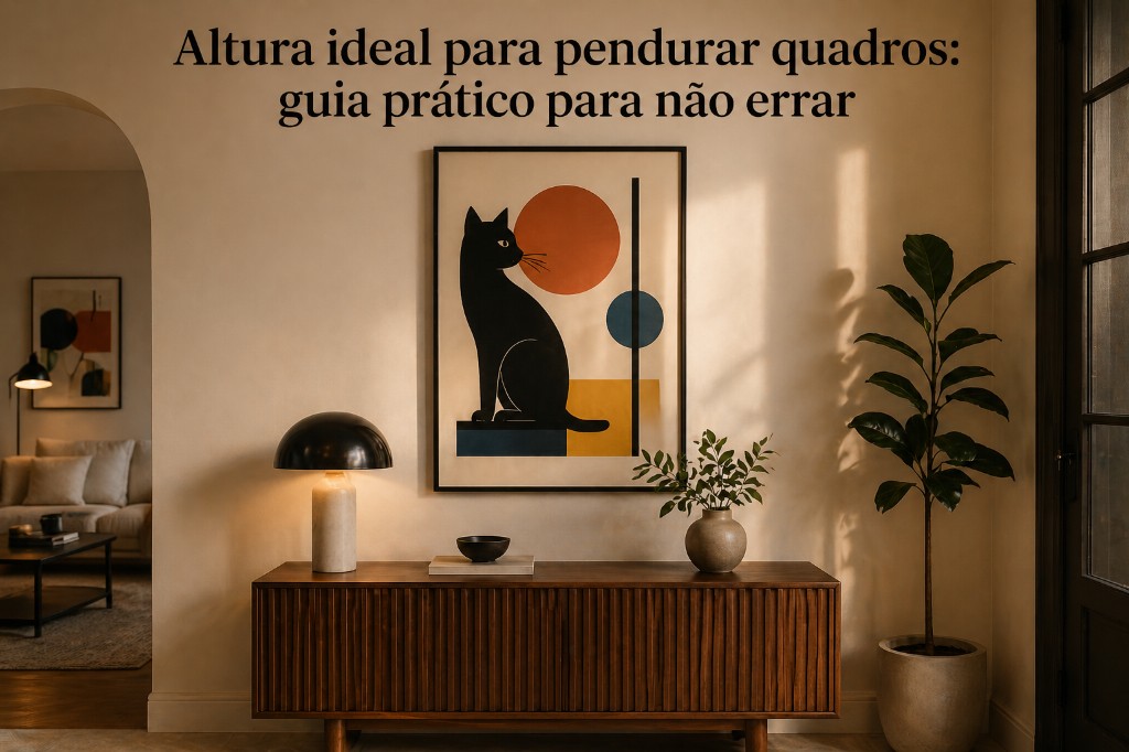 Altura ideal para pendurar quadros em sala decorada com arte Bauhaus