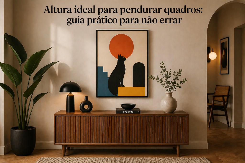 Quadro acima de aparador com altura equilibrada em ambiente moderno
