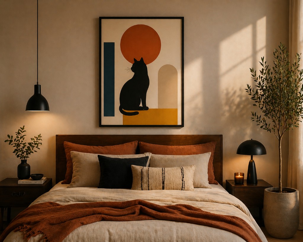 Quadro acima da cama em altura ideal para decora&ccedil;&atilde;o de quarto