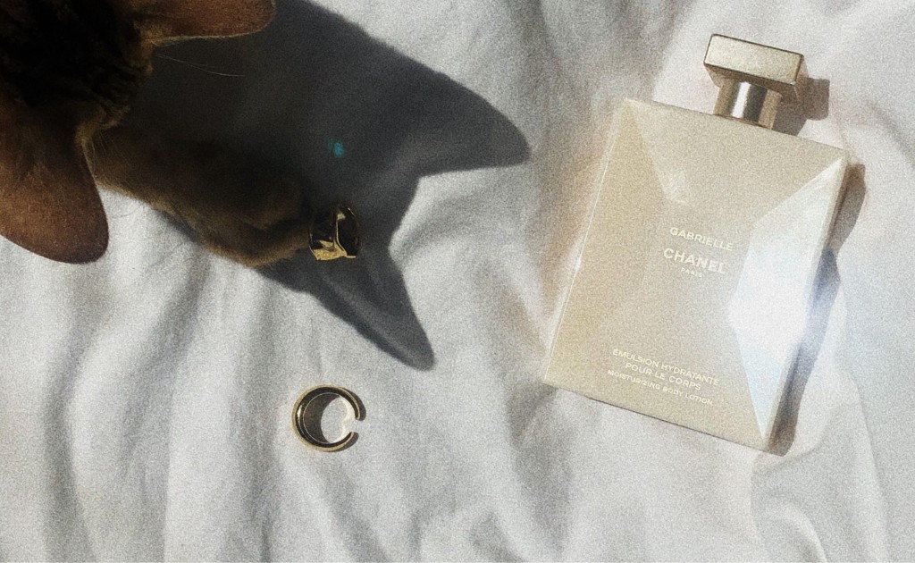 Semijoias em cima dum len&ccedil;ou, com um perfume da channel ao lado e um gato brincando com brincos &agrave; luz do sol