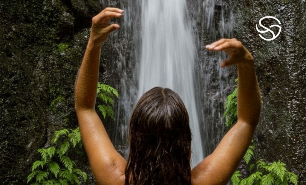 Mulher aproveitando banho de cachoeira em meio &agrave; natureza brasileira, momento de conex&atilde;o e liberdade ao ar livre.