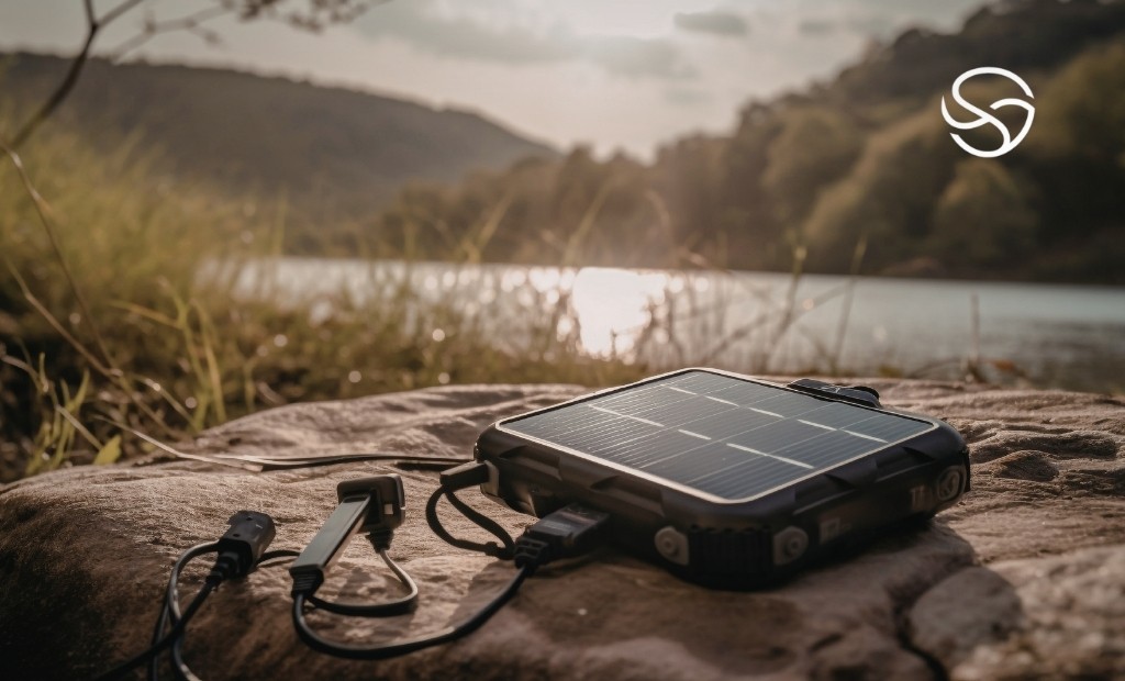 Pessoa utilizando carregador solar portátil preso à mochila durante trilha em floresta tropical no Brasil