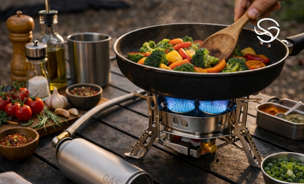 Fogareiro portátil com chama azul sendo utilizado para cozinhar em camping ao ar livre