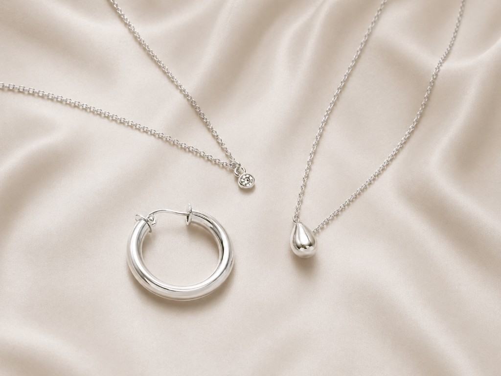 mix de colares com argola de prata 925 sobre fundo neutro &mdash; eleg&acirc;ncia minimalista