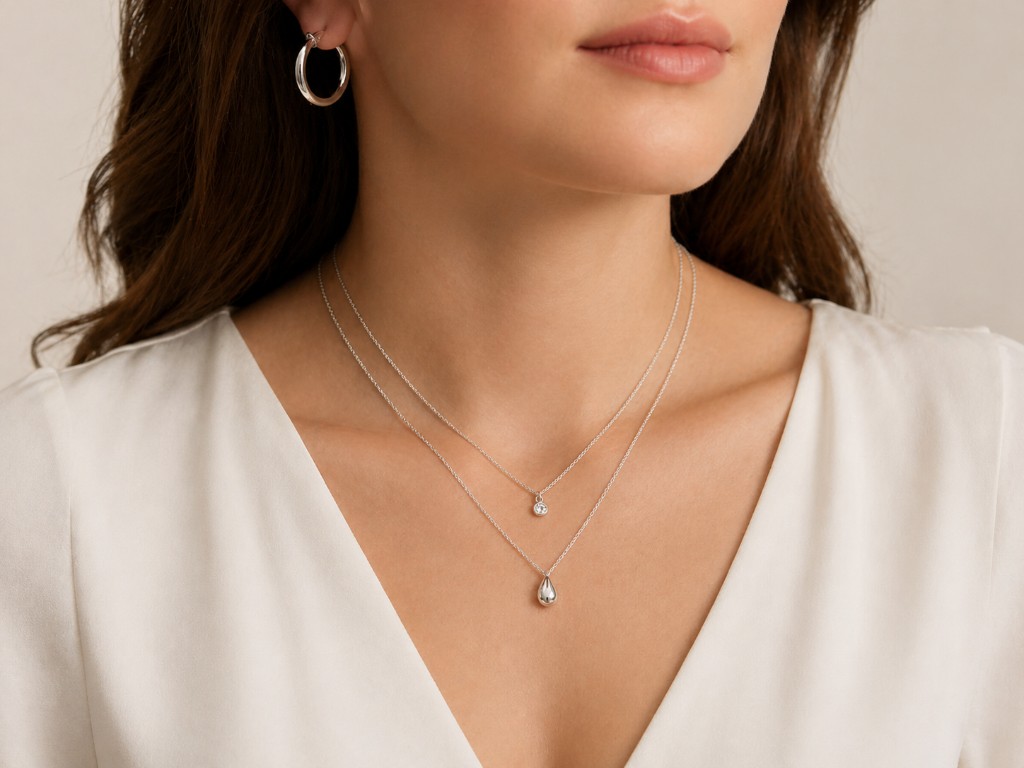 mulher elegante usando mix de colares e argola dourada &mdash; look minimalista 2026