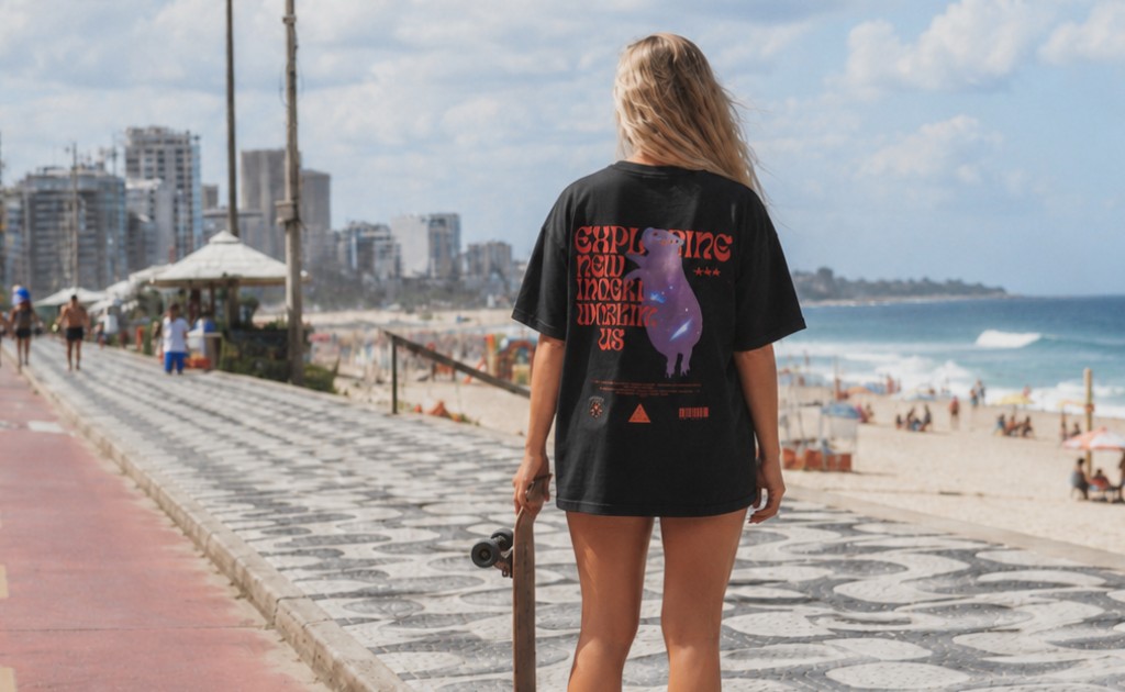 Mulher em Copacabana de Skaete usando a camiseta oversized da Capybara Society