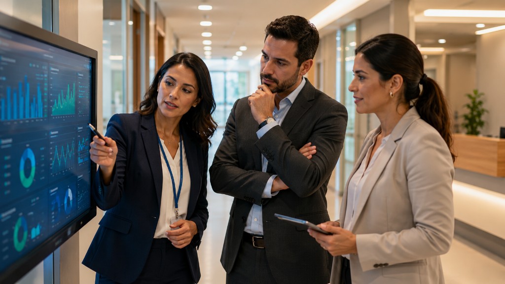 Equipo de gesti&oacute;n hospitalaria revisando indicadores en cl&iacute;nica privada
