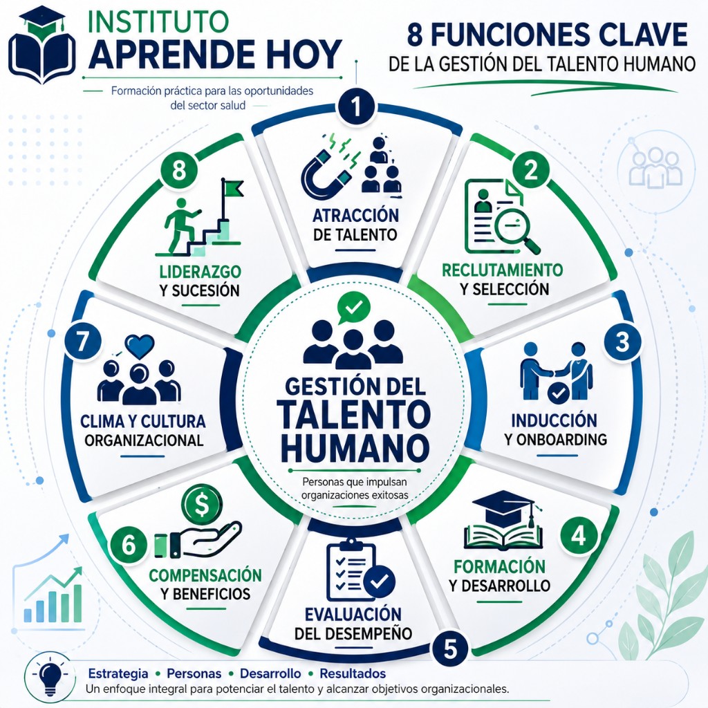 Diagrama con las 8 funciones clave de la gesti&oacute;n del talento humano y recursos humanos