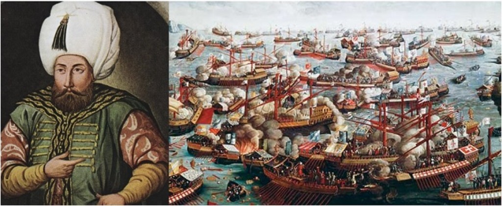 Selim II, sult&aacute;n del Imperio Otomano y a su lado la batalla de Lepanto.
