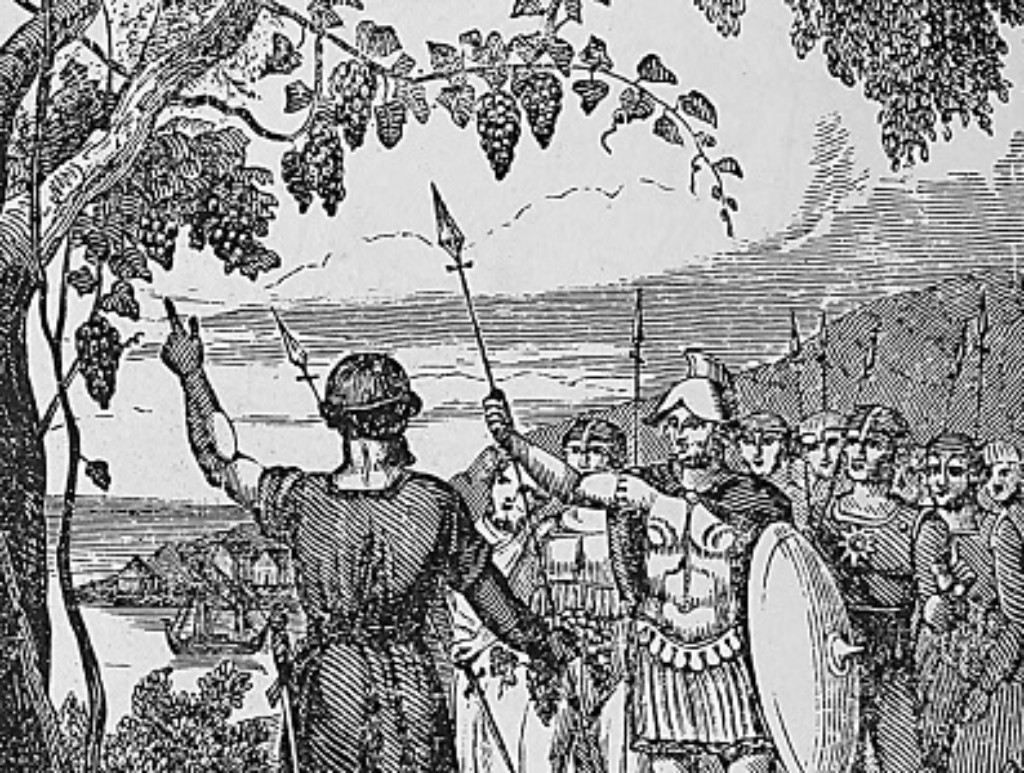 Tyrker muestra a Leif su descubrimiento, las vides cargadas con racimos de uva.