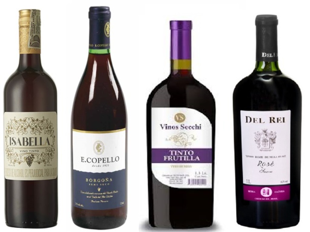Imagen 4. Vinos elaborados con la variedad isabella, llamada también borgoña, frutilla o isabel, procedentes de Colombia, Perú, Uruguay y Brasil