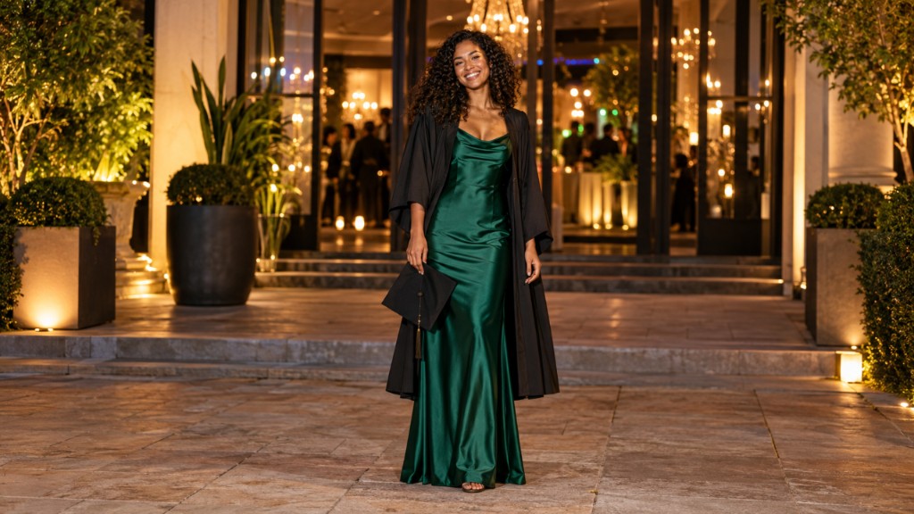 Formanda sorrindo com a beca aberta sobre um vestido longo verde-esmeralda, segurando o capelo na entrada do sal&atilde;o de festas
