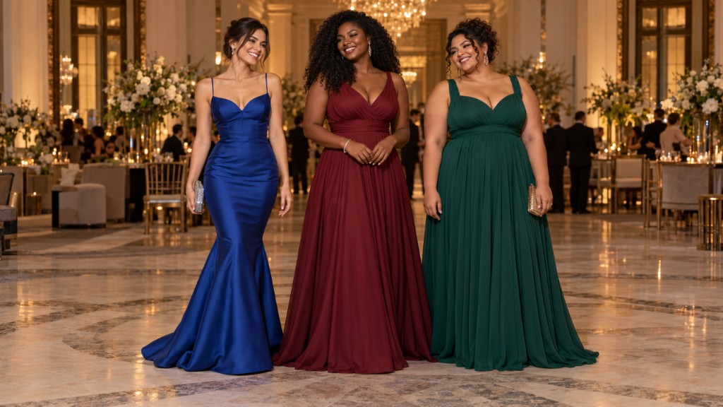Tr&ecirc;s mulheres com corpos diferentes usando vestidos longos de festa nas modelagens sereia azul-royal, evas&ecirc; marsala e imp&eacute;rio verde-esmeralda