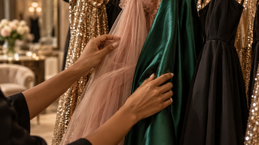M&atilde;os tocando tecidos de vestidos de festa em uma arara: paet&ecirc; dourado, tule ros&eacute;, cetim verde-esmeralda e crepe preto
