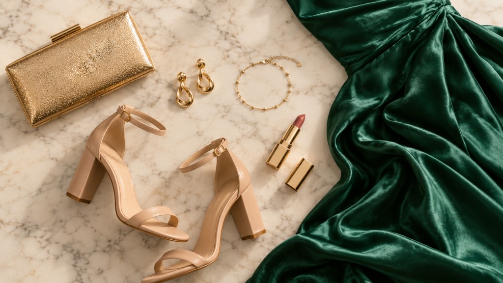 Acess&oacute;rios para formatura arrumados sobre m&aacute;rmore ao lado de um vestido de cetim verde-esmeralda: bolsa, sand&aacute;lia, joias douradas e batom