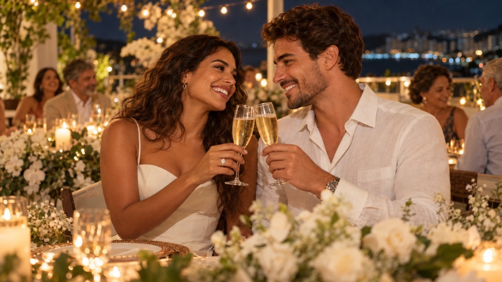 Casal brindando em um jantar de noivado decorado com flores brancas; a noiva usa vestido off-white e mostra a alian&ccedil;a