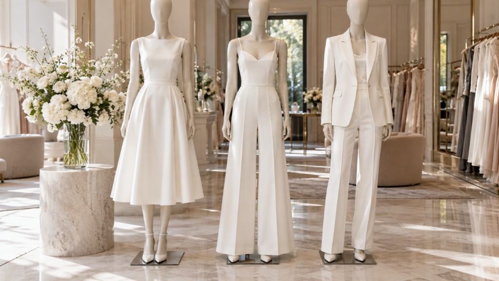 Manequins em uma boutique com looks brancos para noivado: vestido midi, macac&atilde;o pantalona e conjunto de alfaiataria off-white