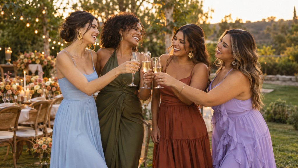 Amigas convidadas de um noivado rindo e brindando em um jardim ao entardecer, com vestidos coloridos