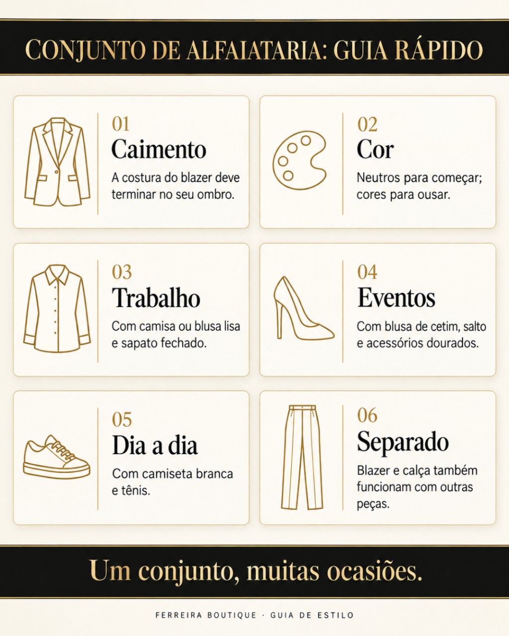 Infogr&aacute;fico com seis dicas para usar conjunto de alfaiataria: caimento, cor, trabalho, eventos, dia a dia e pe&ccedil;as separadas