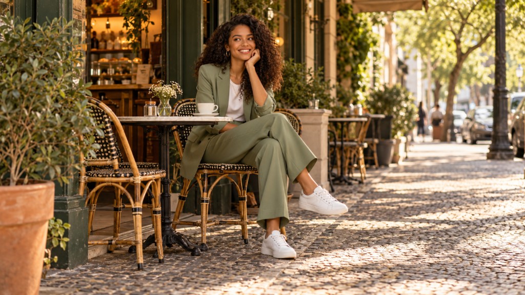 Mulher sentada em uma cafeteria com conjunto de alfaiataria verde-s&aacute;lvia, camiseta branca e t&ecirc;nis branco