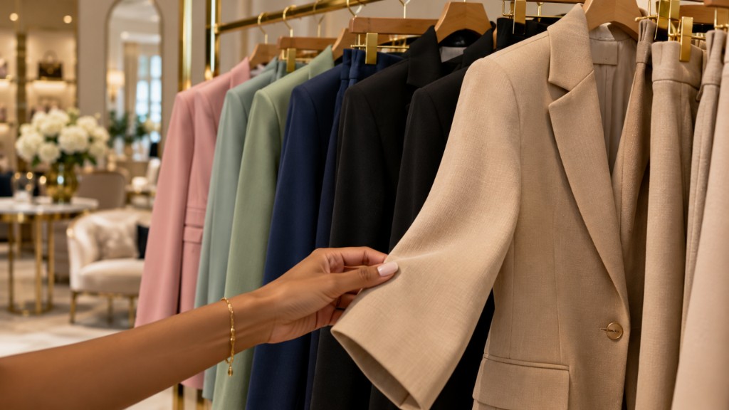 Arara de boutique com blazers e cal&ccedil;as de alfaiataria em preto, azul-marinho e bege, pendurados em cabides de madeira