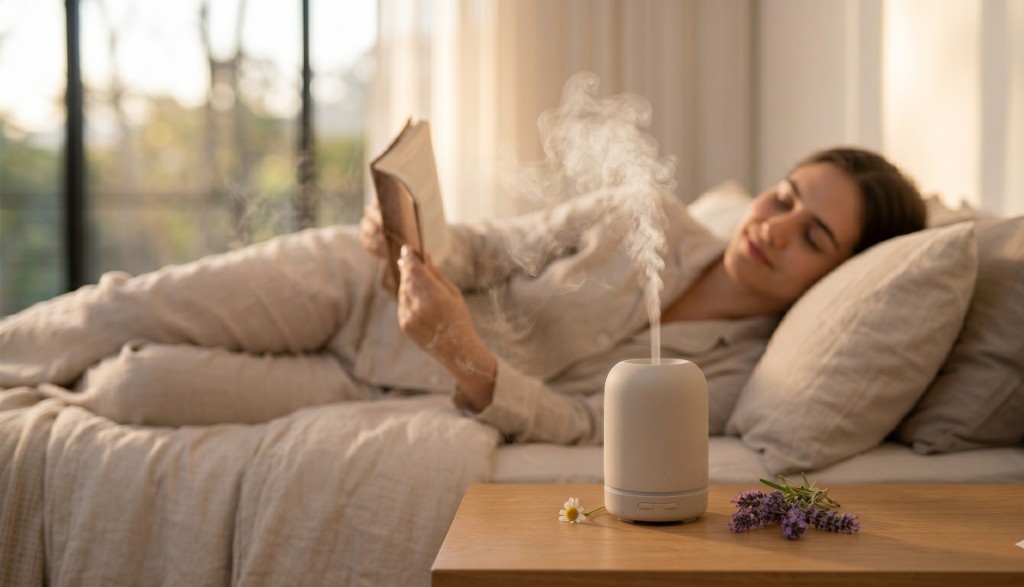 Difusor ultrass&ocirc;nico Alva Ess&ecirc;ncias emitindo n&eacute;voa arom&aacute;tica para um ritual de sono relaxante em um quarto moderno em S&atilde;o Paulo.