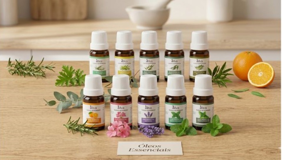 Vidro de &oacute;leo essencial puro da Alva Ess&ecirc;ncias ao lado de um difusor ultrass&ocirc;nico de ambientes liberando vapor arom&aacute;tico para pr&aacute;tica de aromaterapia.