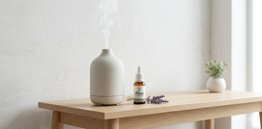 Difusor ultrassônico de cerâmica branca soltando névoa sobre uma mesa de madeira, ao lado de um frasco de óleo essencial de lavanda da Alva Essências e ramos de lavanda natural.
