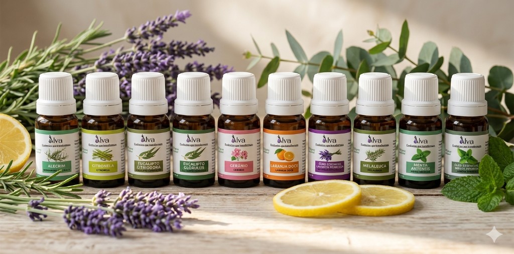 Uma linha de frascos de óleos essenciais da Alva Essências organizados lado a lado, incluindo Lavanda, Alecrim, Citronela e Menta, com ramos frescos de lavanda e folhas verdes ao fundo em um cenário iluminado e natural.