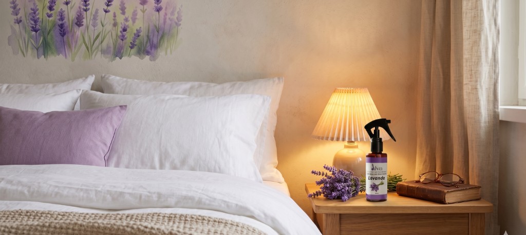 Quarto aconchegante com cama arrumada, lençóis brancos e iluminação quente de luminária ao lado.
