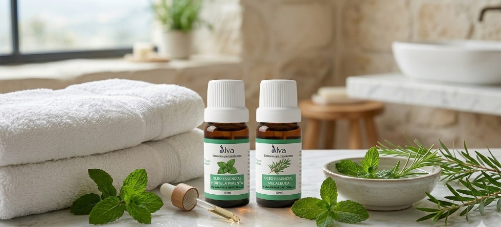 Toalhas brancas dobradas ao lado de plantas verdes e frascos de óleos essenciais em um ambiente de banheiro estilo SPA