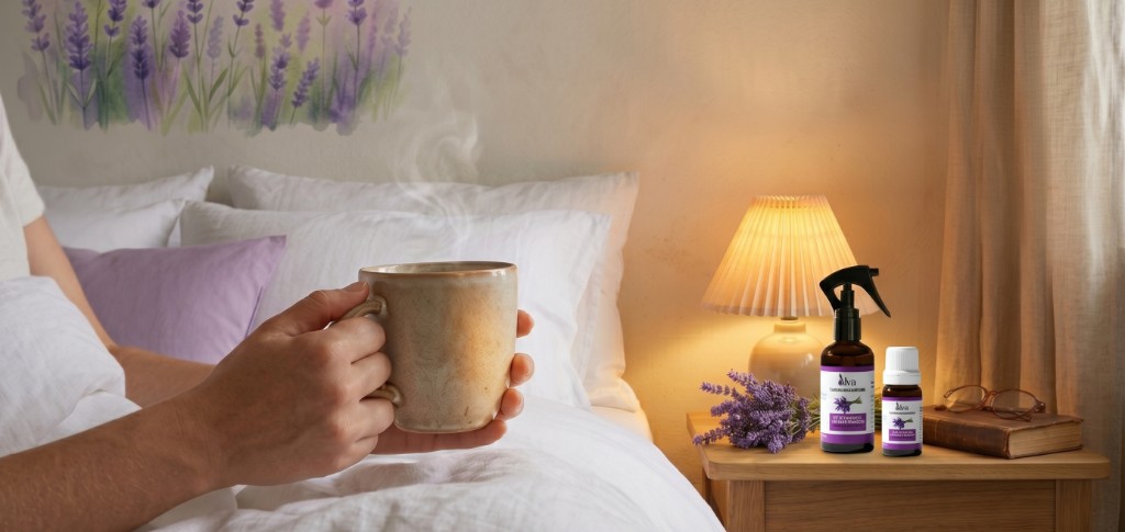 Pessoa relaxada na cama segurando uma x&iacute;cara morna, transmitindo sensa&ccedil;&atilde;o de paz e prepara&ccedil;&atilde;o para dormir.