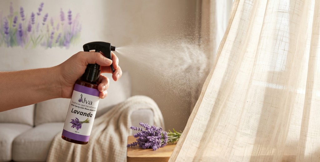 M&atilde;o borrifando um home spray perfumado em dire&ccedil;&atilde;o a tecidos leves em uma sala iluminada.