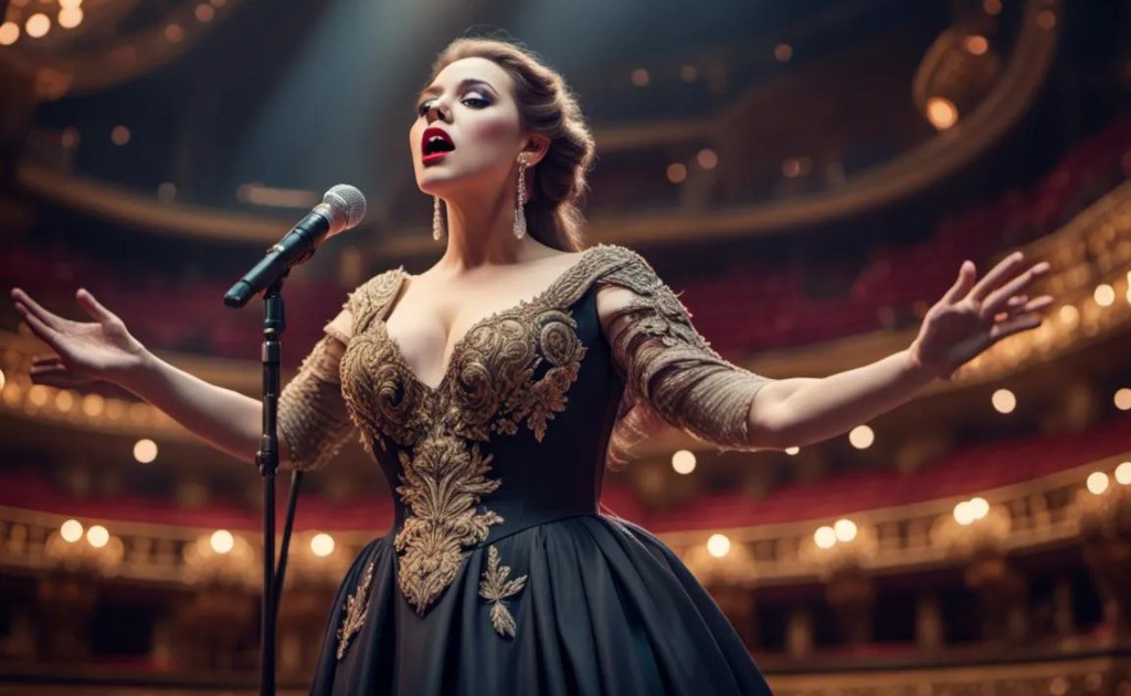 Soprano em traje de gala no palco de uma casa de &oacute;pera iluminada