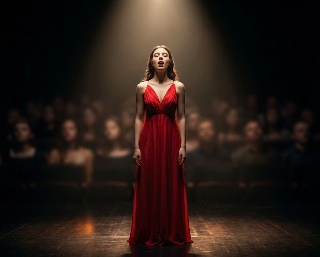 Soprano em vestido longo vermelho no centro do palco, sob foco de luz dram&aacute;tico, plateia desfocada ao fundo