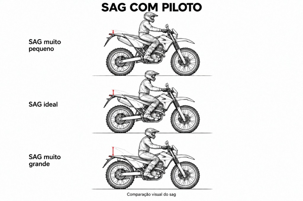 Compara&ccedil;&atilde;o lateral de SAG muito pequeno, adequado e muito grande, com o mesmo piloto sobre a moto.