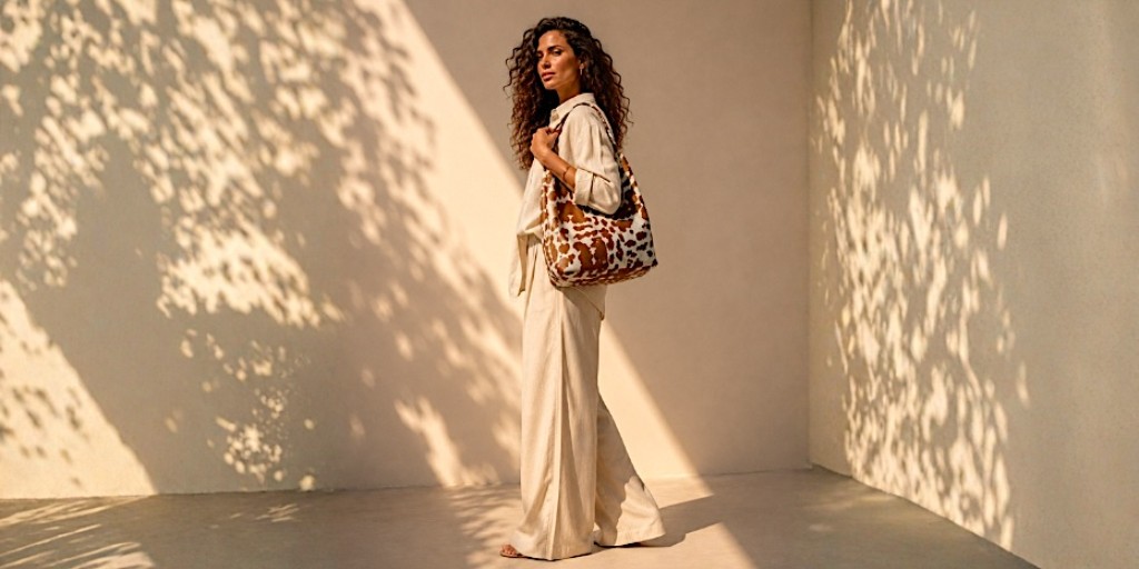 look mulher usando bolsa hobo em couro legitimo animal print