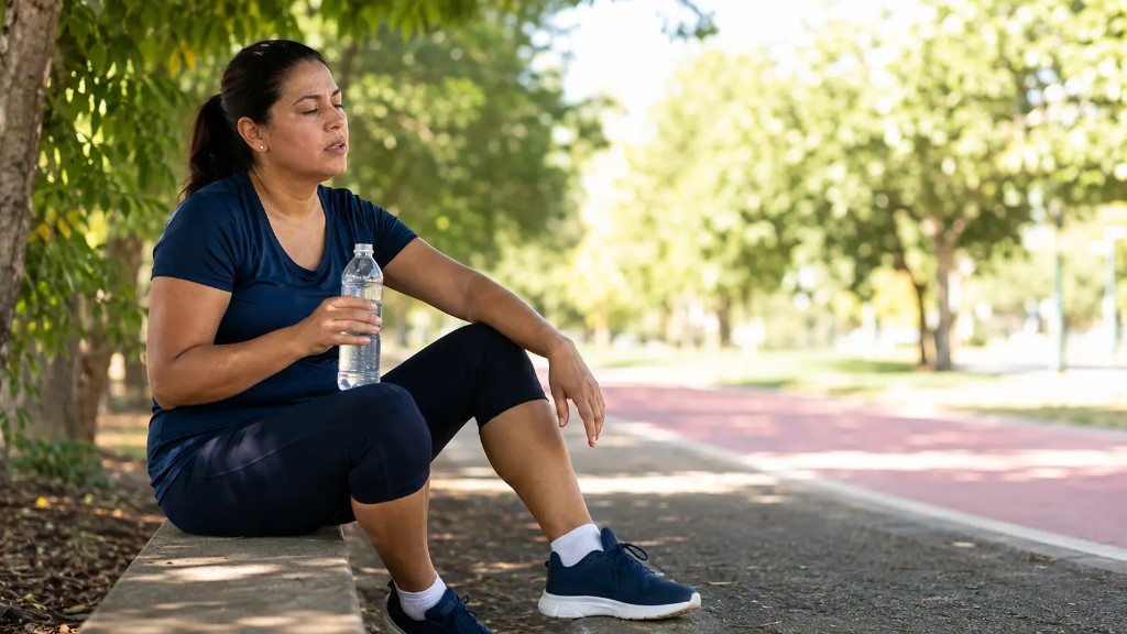 Mulher sentada &agrave; sombra segurando uma garrafa de &aacute;gua ap&oacute;s esfor&ccedil;o no calor.