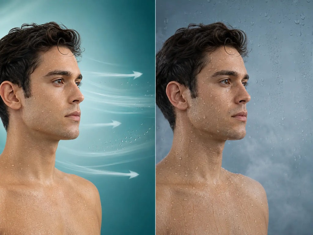 Compara&ccedil;&atilde;o entre uma pessoa com melhor ventila&ccedil;&atilde;o e outra em ambiente &uacute;mido e abafado.