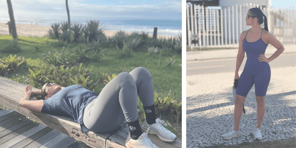 Mulher praticando yoga na areia da praia usando conjunto fitness Aprai&Oacute;h Wave.